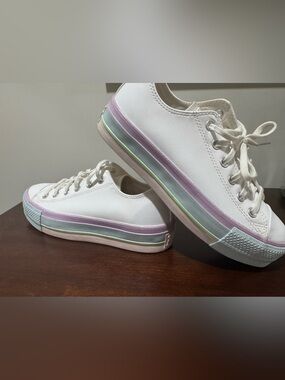 Converse White Low-Top Sneakers with Pastel Pink and Mint Stripe